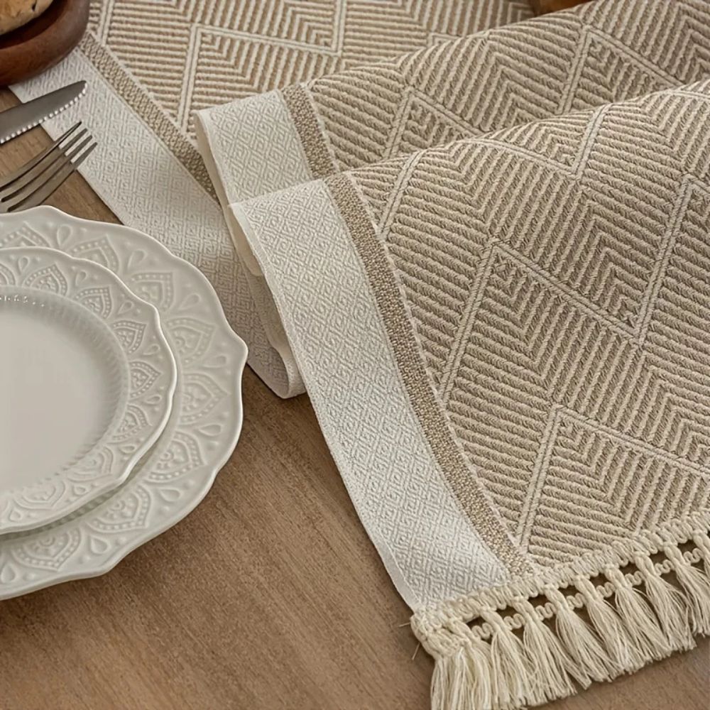 Woven Table Runner with Tassels Zigzag Textured Microfibre Dining Table Runner Farmhouse Style for Dining Table | Sideboard and Coffee Table