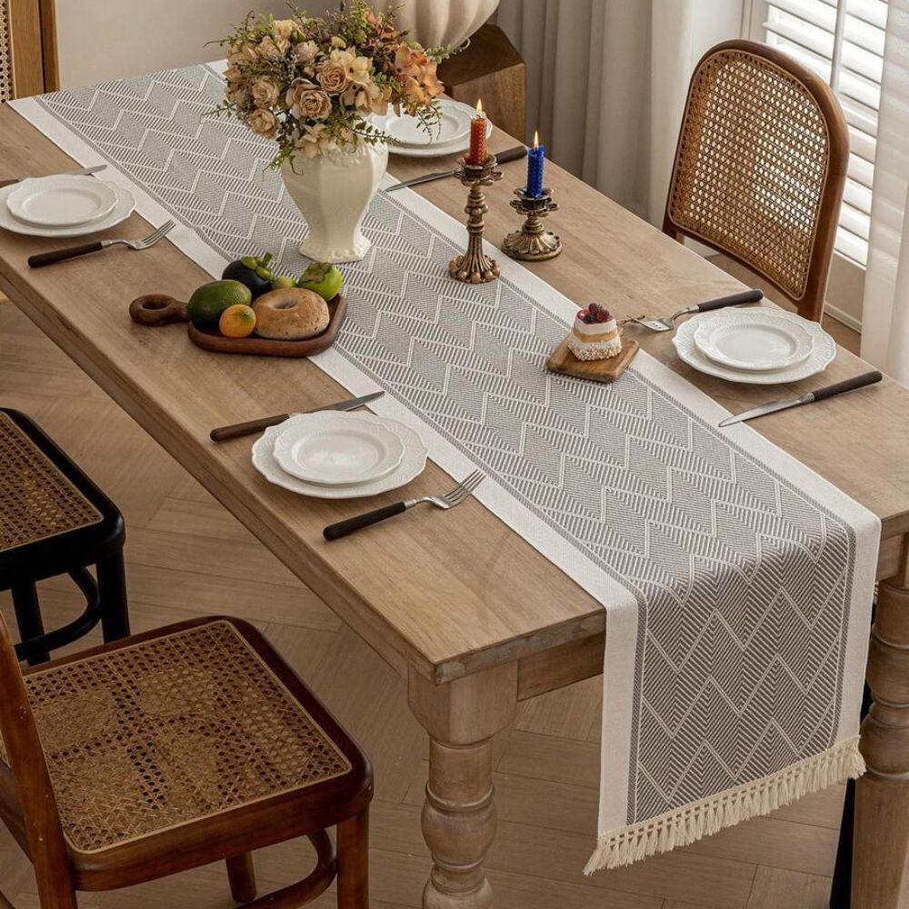 Woven Table Runner with Tassels Zigzag Textured Microfibre Dining Table Runner Farmhouse Style for Dining Table | Sideboard and Coffee Table