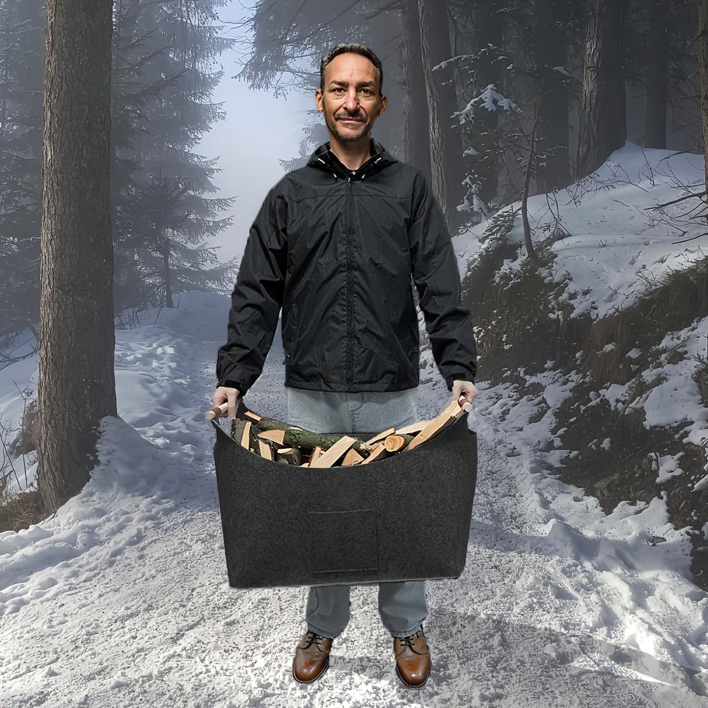 Felt Firewood Basket Foldable Log Carrier with Wooden Handles and Leather Details Large Fireplace Log Bag for Indoor Use