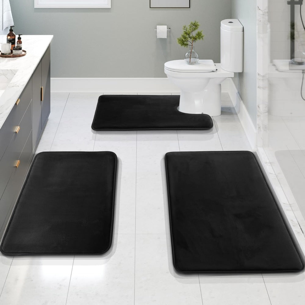 Memory Foam Bath Mat Set Three Piece Velvet Bathroom Rug Set with Contour Toilet Mat Absorbent Non Slip Machine Washable