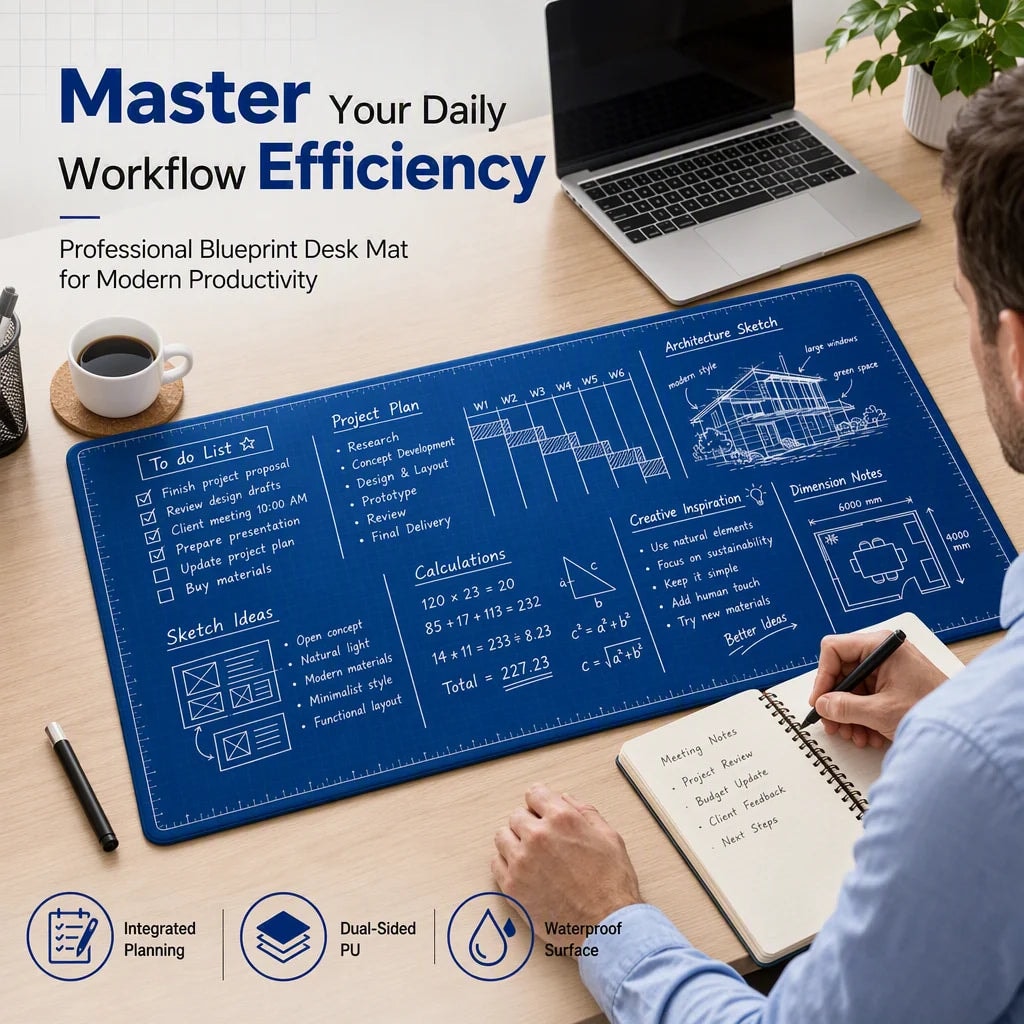 Blueprint Style Reusable Desk Mat Double Sided Dry Erase Writing Surface