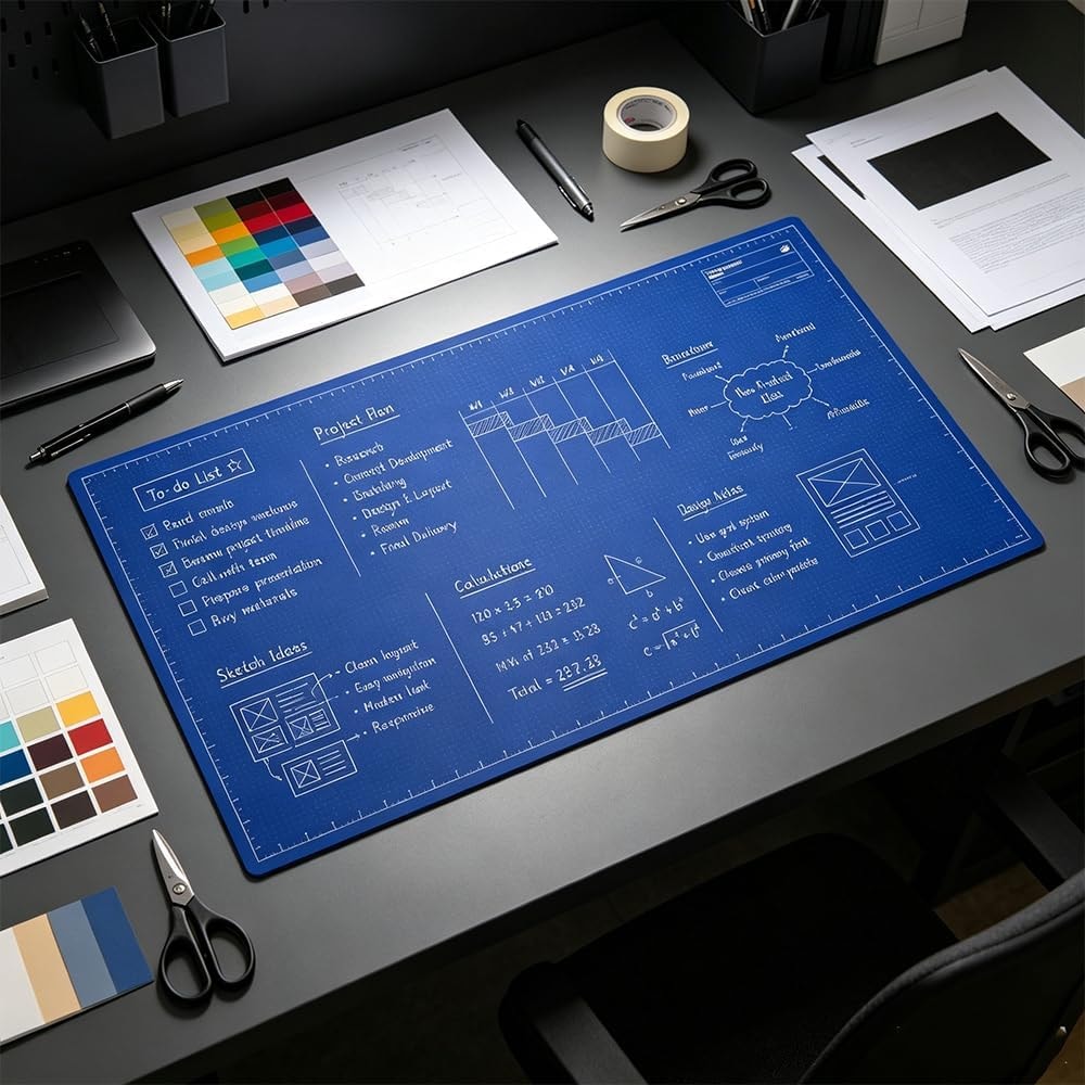 Blueprint Style Reusable Desk Mat Double Sided Dry Erase Writing Surface