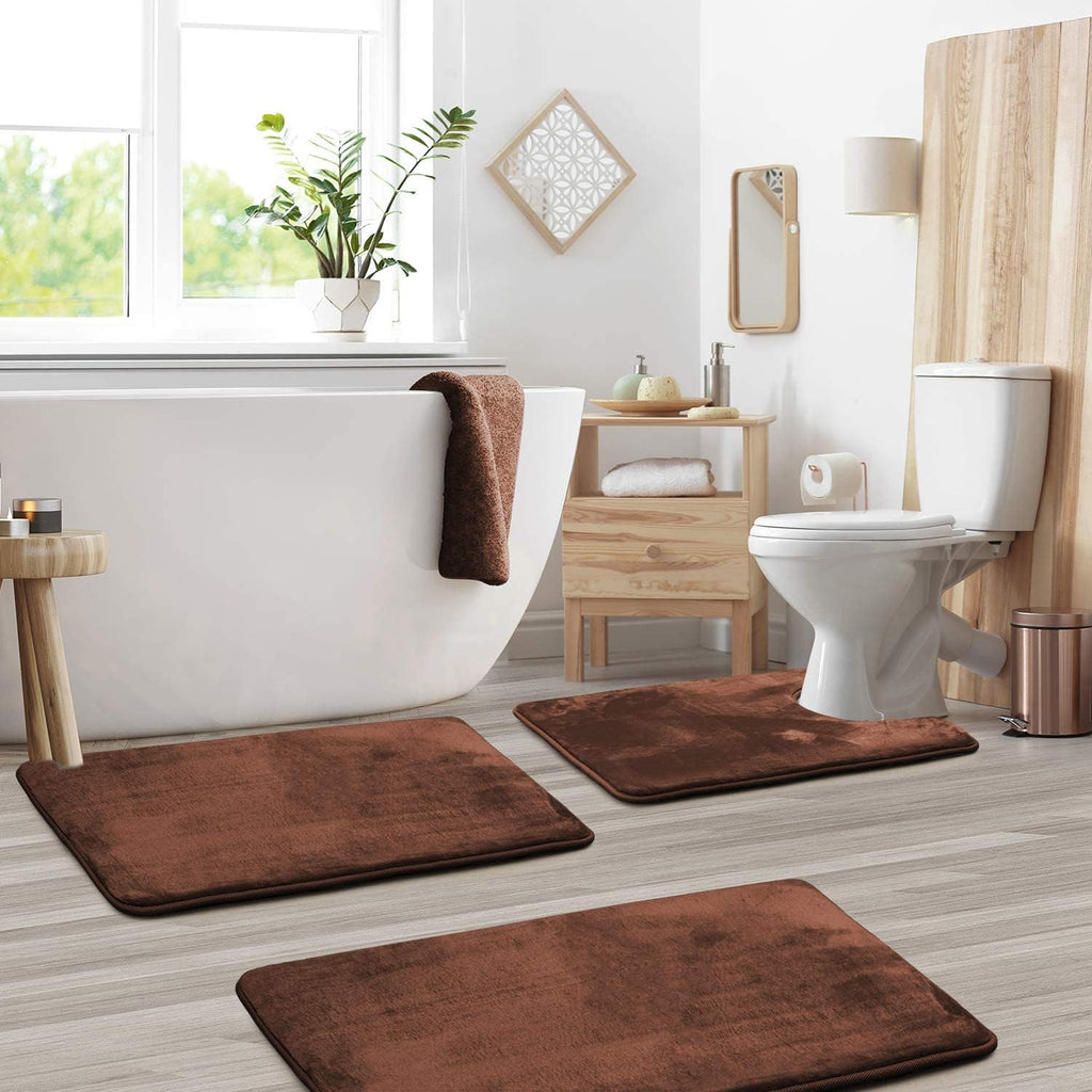 Memory Foam Bath Mat Set Three Piece Velvet Bathroom Rug Set with Contour Toilet Mat Absorbent Non Slip Machine Washable