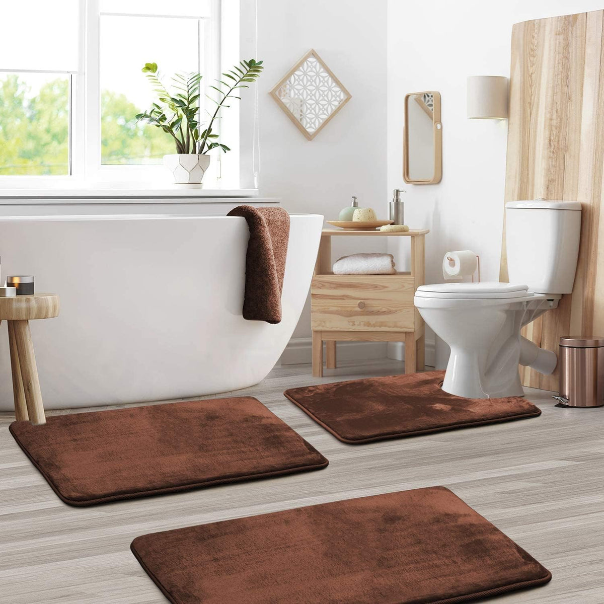Memory Foam Bath Mat Set Three Piece Velvet Bathroom Rug Set with Contour Toilet Mat Absorbent Non Slip Machine Washable