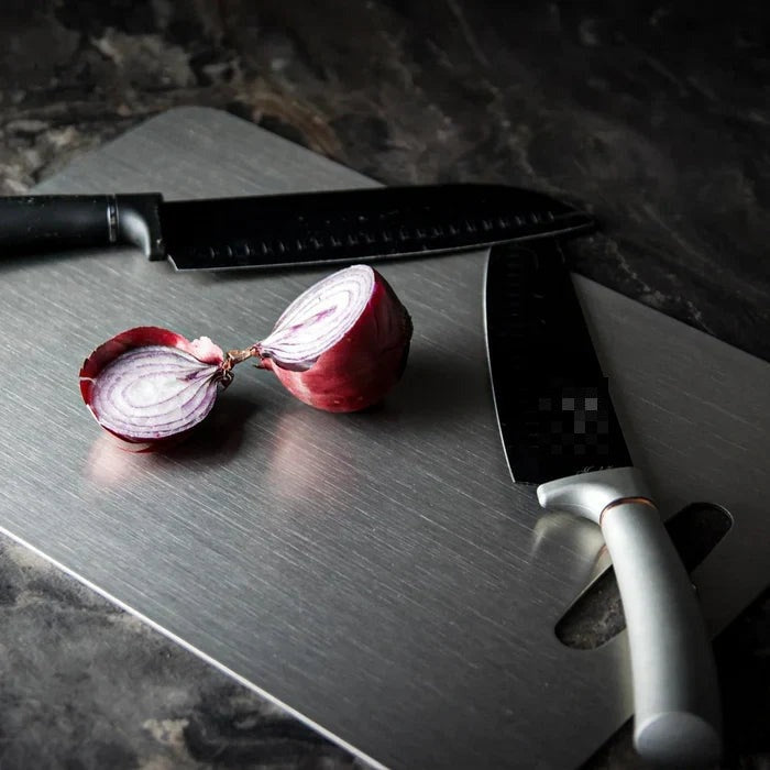 Brushed Metal Cutting Board with Titanium Finish and Handle for Kitchen Prep