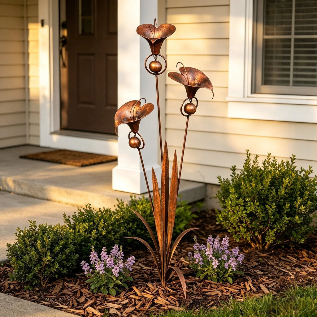 Calla Lily Garden Stake with Wind Chime Bells in Flame Treated Copper Finish