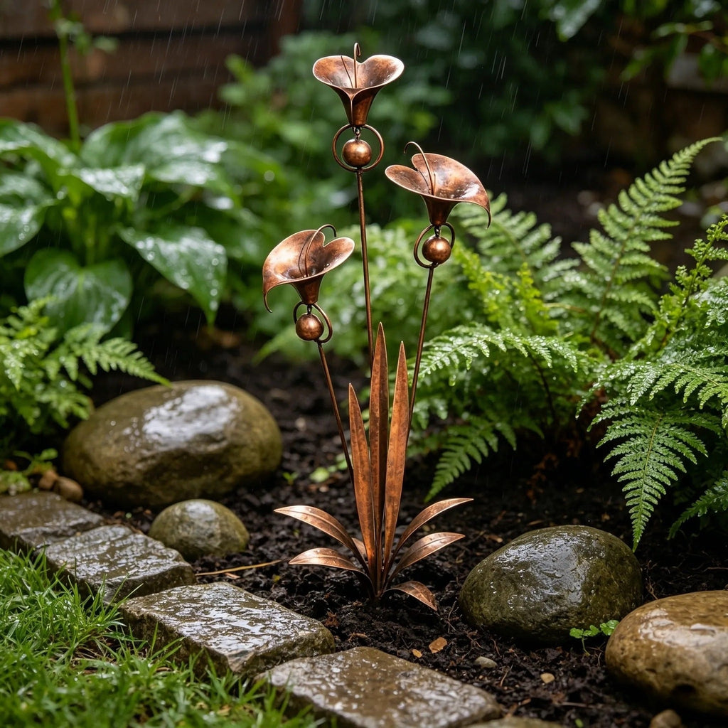 Calla Lily Garden Stake with Wind Chime Bells in Flame Treated Copper Finish