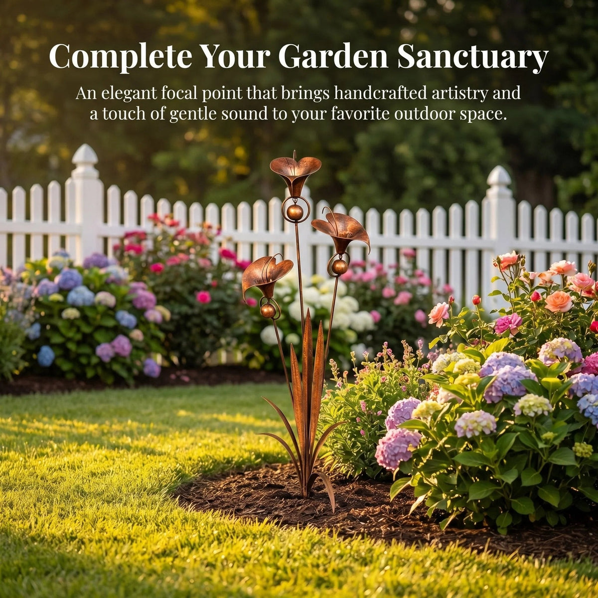 Calla Lily Garden Stake with Wind Chime Bells in Flame Treated Copper Finish