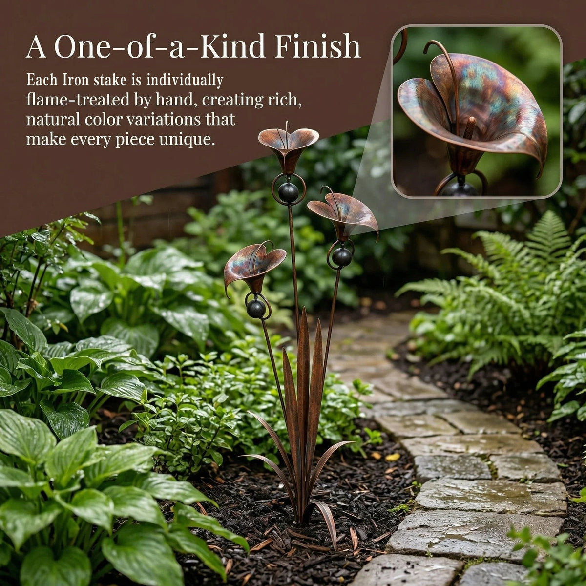 Calla Lily Garden Stake with Wind Chime Bells in Flame Treated Copper Finish