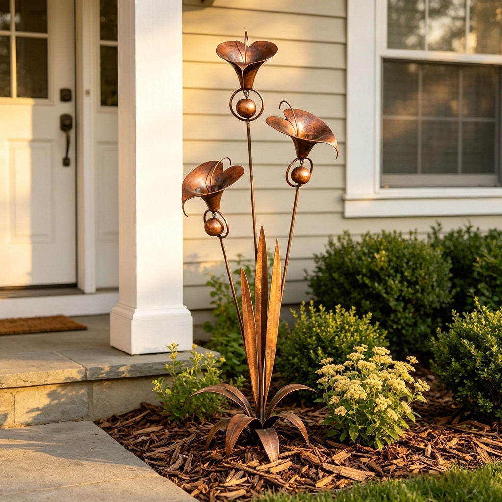 Calla Lily Garden Stake with Wind Chime Bells in Flame Treated Copper Finish