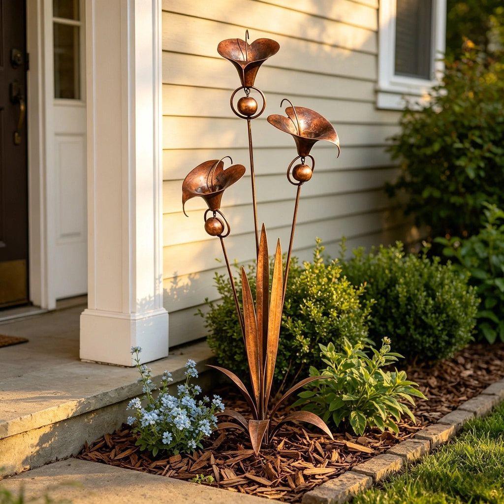 Calla Lily Garden Stake with Wind Chime Bells in Flame Treated Copper Finish