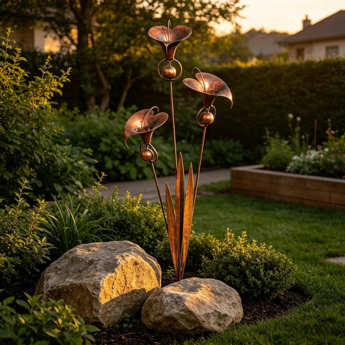 Calla Lily Garden Stake with Wind Chime Bells in Flame Treated Copper Finish