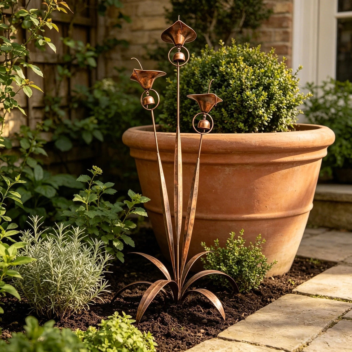Calla Lily Garden Stake with Wind Chime Bells in Flame Treated Copper Finish