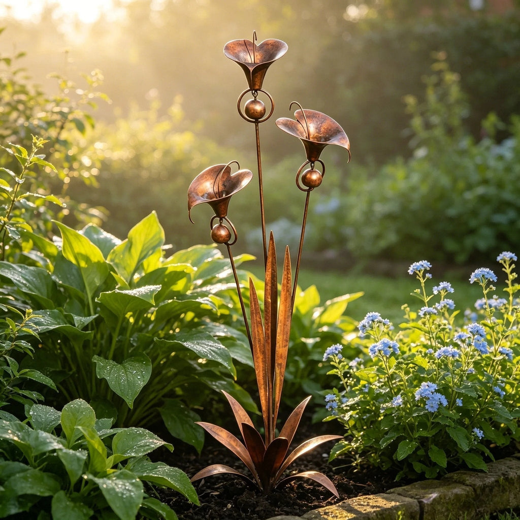 Calla Lily Garden Stake with Wind Chime Bells in Flame Treated Copper Finish