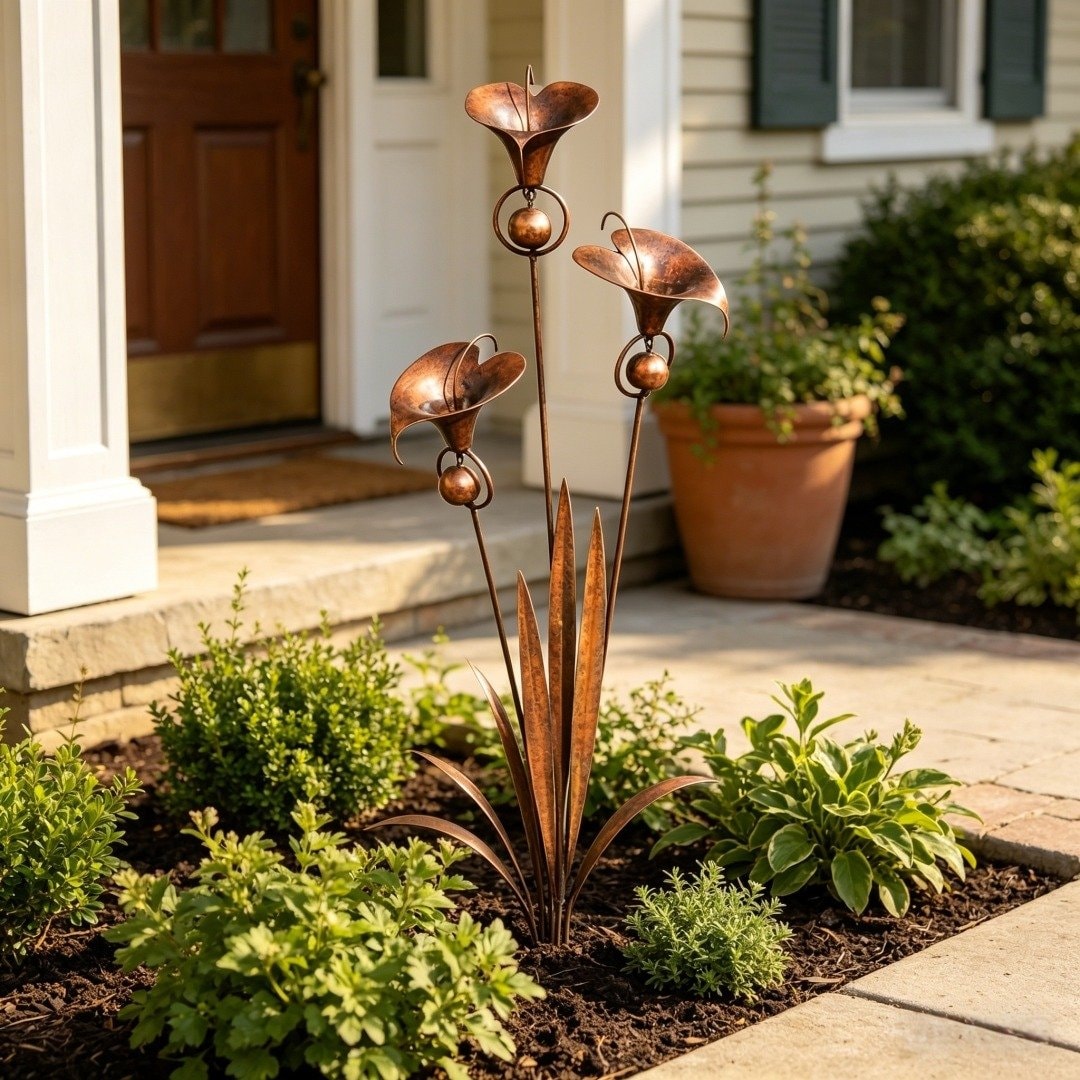 Calla Lily Garden Stake with Wind Chime Bells in Flame Treated Copper Finish