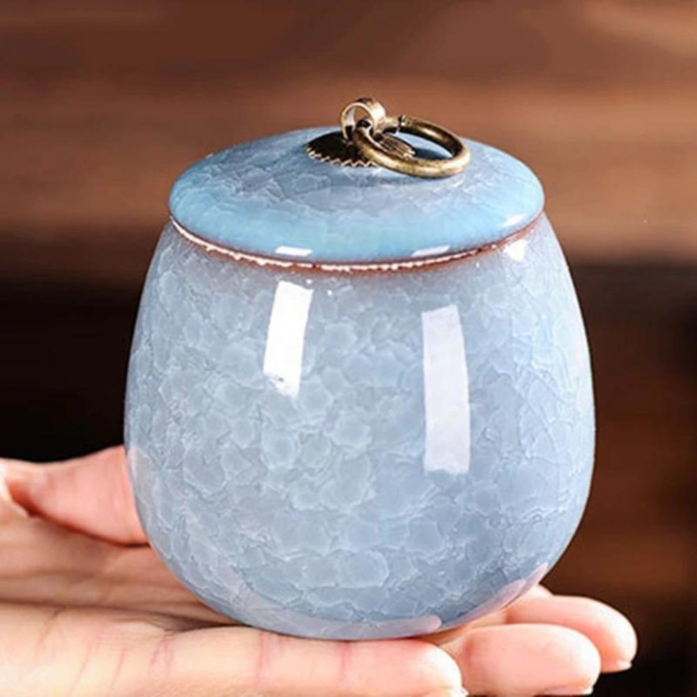 Ceramic Pet Urn with Crackle Glaze and Brass Ring Lid | Keepsake Urn for Ashes