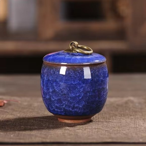Ceramic Pet Urn with Crackle Glaze and Brass Ring Lid | Keepsake Urn for Ashes