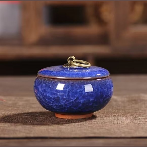 Ceramic Pet Urn with Crackle Glaze and Brass Ring Lid | Keepsake Urn for Ashes