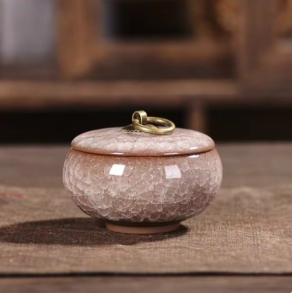 Ceramic Pet Urn with Crackle Glaze and Brass Ring Lid | Keepsake Urn for Ashes