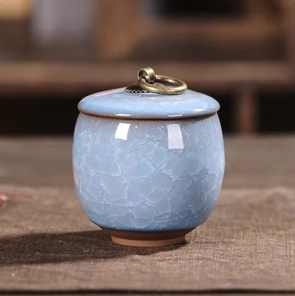 Ceramic Pet Urn with Crackle Glaze and Brass Ring Lid | Keepsake Urn for Ashes