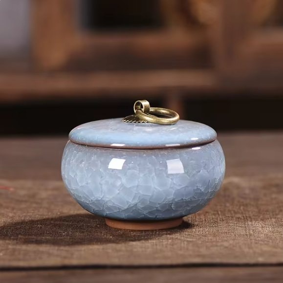 Ceramic Pet Urn with Crackle Glaze and Brass Ring Lid | Keepsake Urn for Ashes