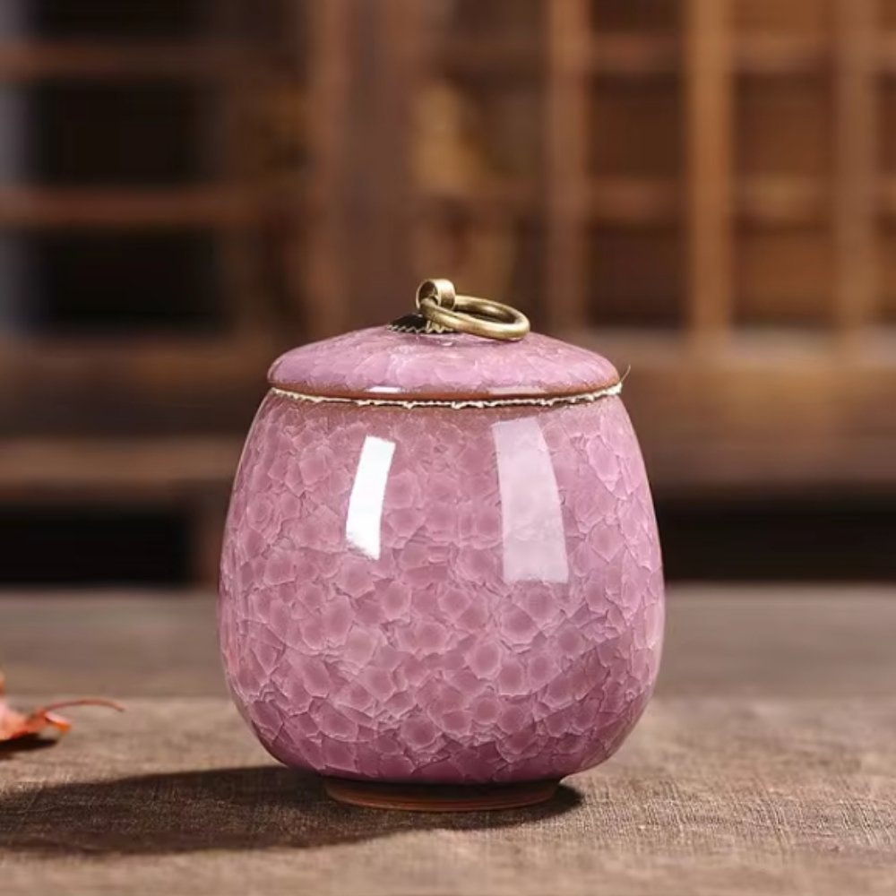 Ceramic Pet Urn with Crackle Glaze and Brass Ring Lid | Keepsake Urn for Ashes
