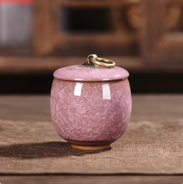 Ceramic Pet Urn with Crackle Glaze and Brass Ring Lid | Keepsake Urn for Ashes