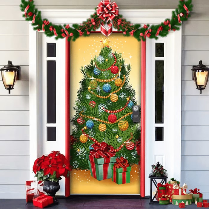 Christmas Front Door Cover Festive Fabric Door Banner for Holiday Decoration