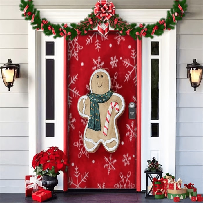 Christmas Front Door Cover Festive Fabric Door Banner for Holiday Decoration