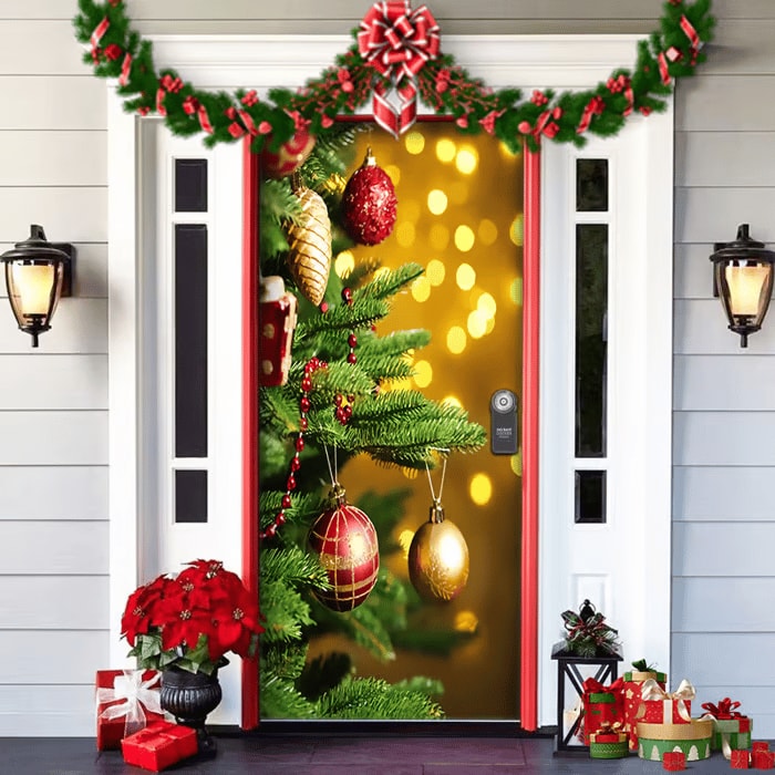 Christmas Front Door Cover Festive Fabric Door Banner for Holiday Decoration