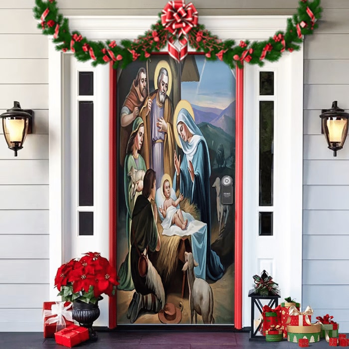 Christmas Front Door Cover Festive Fabric Door Banner for Holiday Decoration