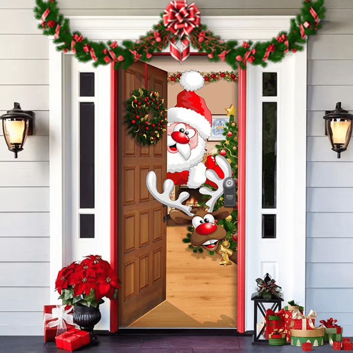 Christmas Front Door Cover Festive Fabric Door Banner for Holiday Decoration