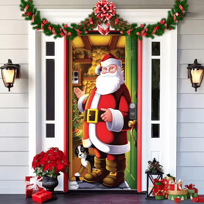 Christmas Front Door Cover Festive Fabric Door Banner for Holiday Decoration