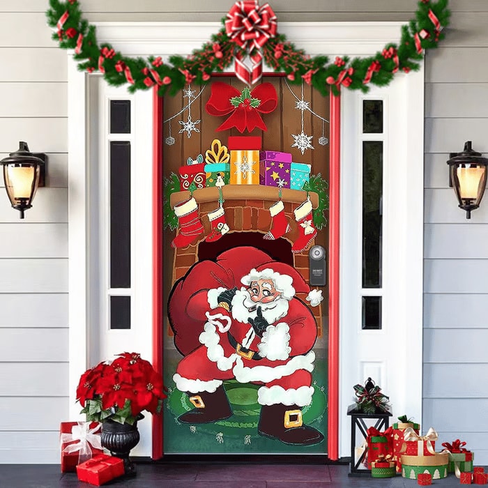 Christmas Front Door Cover Festive Fabric Door Banner for Holiday Decoration