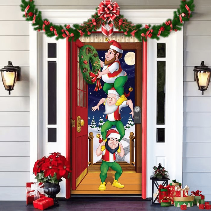 Christmas Front Door Cover Festive Fabric Door Banner for Holiday Decoration