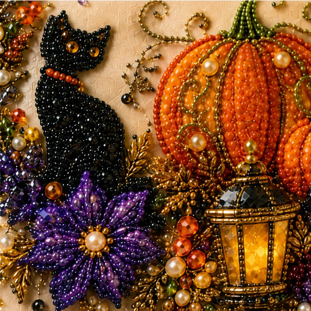 Halloween Bead Art Kit Pearl Bead Canvas Craft Kit with Numbered Self Adhesive Canvas Pumpkin | Ghost and Witch Designs DIY Wall Art