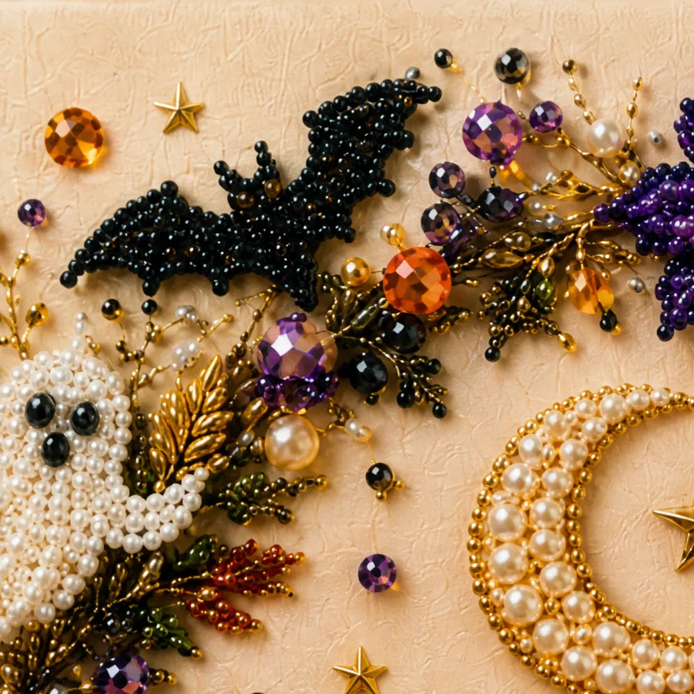 Halloween Bead Art Kit Pearl Bead Canvas Craft Kit with Numbered Self Adhesive Canvas Pumpkin | Ghost and Witch Designs DIY Wall Art