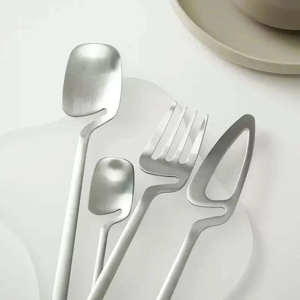 Contemporary Matte Stainless Steel Cutlery Set with Sculptural Scoop Design
