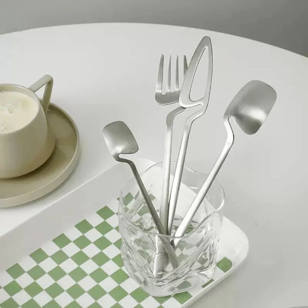 Contemporary Matte Stainless Steel Cutlery Set with Sculptural Scoop Design