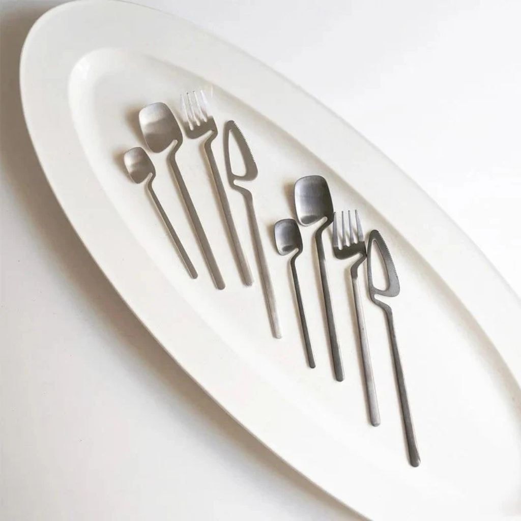 Contemporary Matte Stainless Steel Cutlery Set with Sculptural Scoop Design