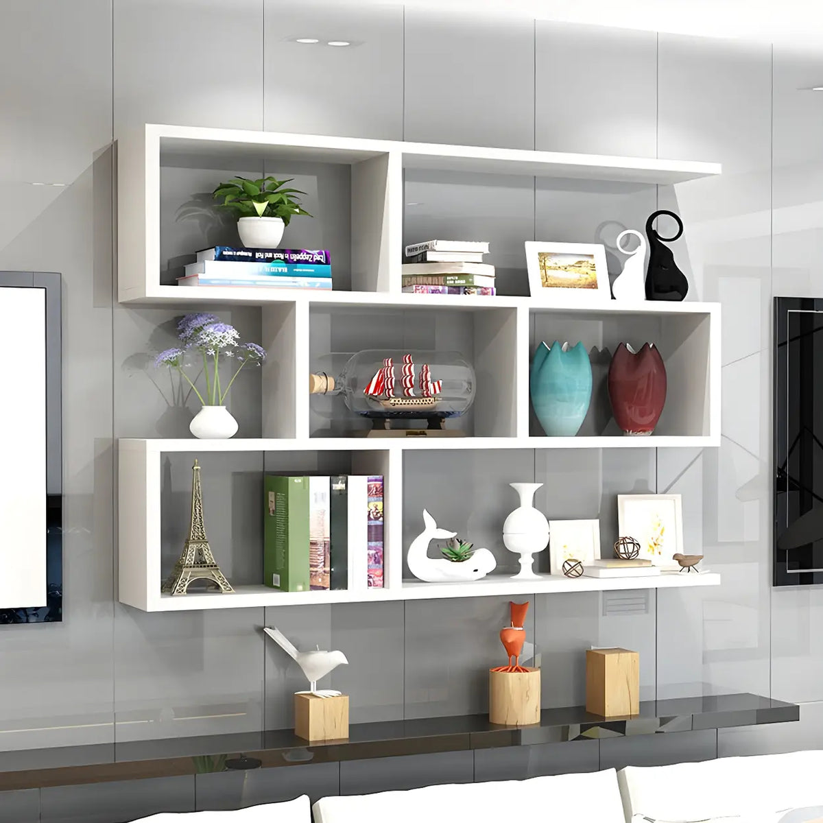 Wall Mounted Bookshelf Wooden Floating Shelf Unit Modern Wall Bookcase with Open Compartments for Books and Decor in Living Room | Study and Bedroom