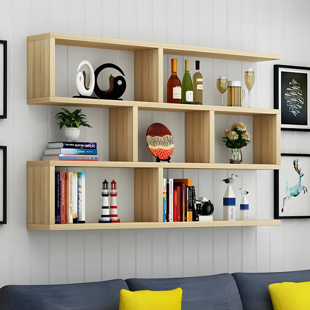 Wall Mounted Bookshelf Wooden Floating Shelf Unit Modern Wall Bookcase with Open Compartments for Books and Decor in Living Room | Study and Bedroom