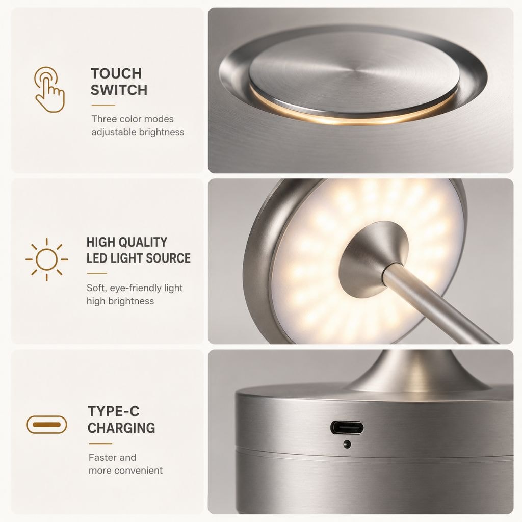 Cordless Rechargeable Aluminium LED Table Lamp with Touch Dimmer for Bedside