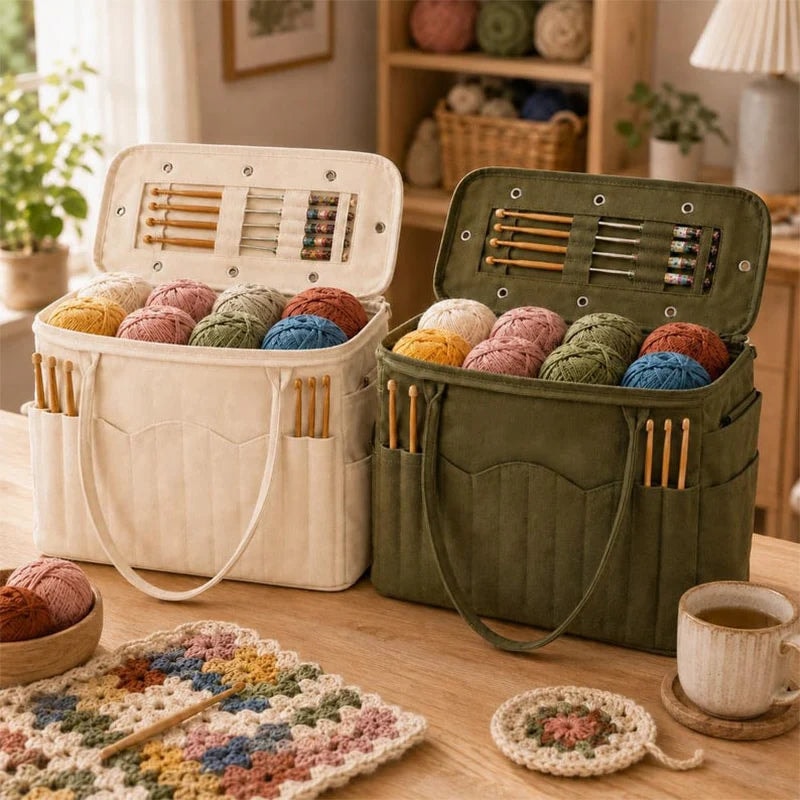 Cotton Canvas Knitting Bag with Needle Pockets and Yarn Guide for Crochet
