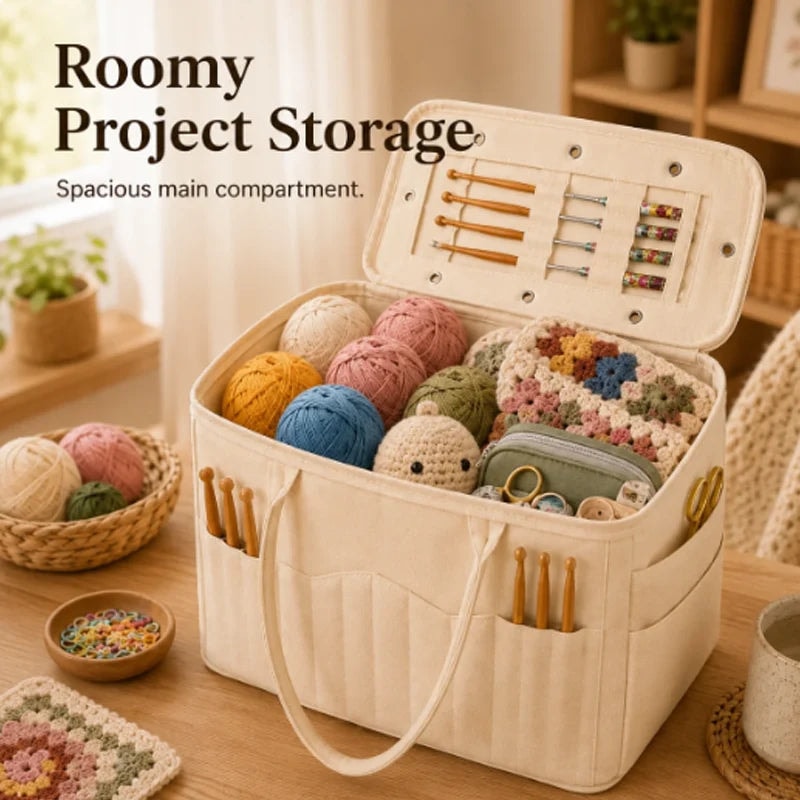 Cotton Canvas Knitting Bag with Needle Pockets and Yarn Guide for Crochet