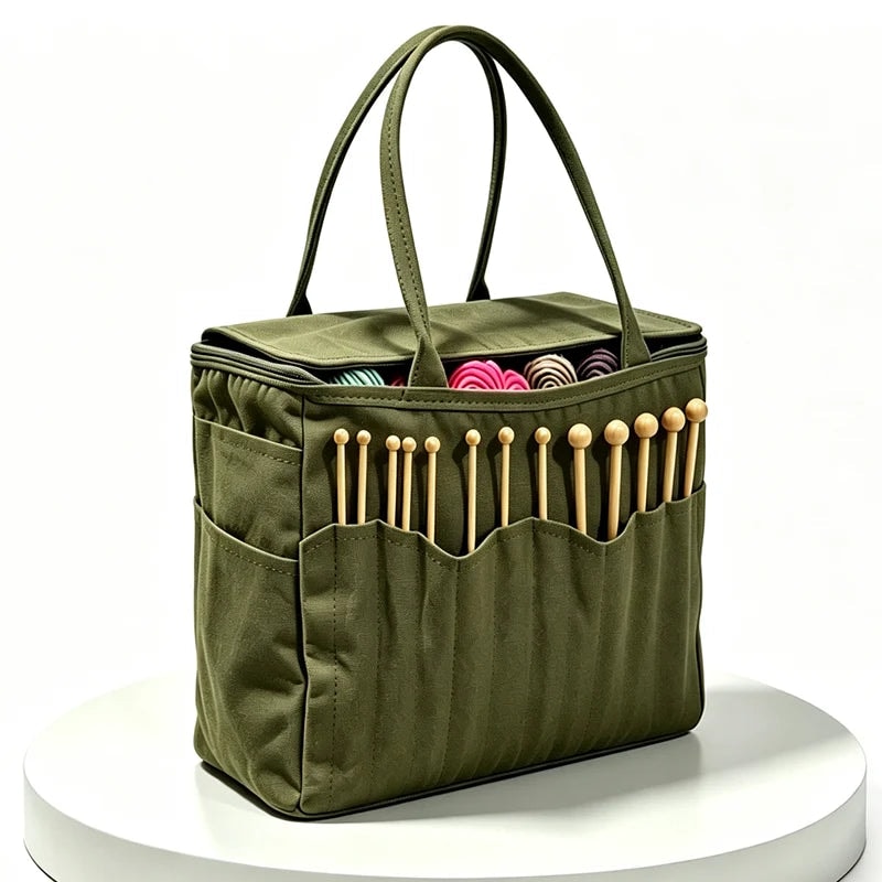 Cotton Canvas Knitting Bag with Needle Pockets and Yarn Guide for Crochet