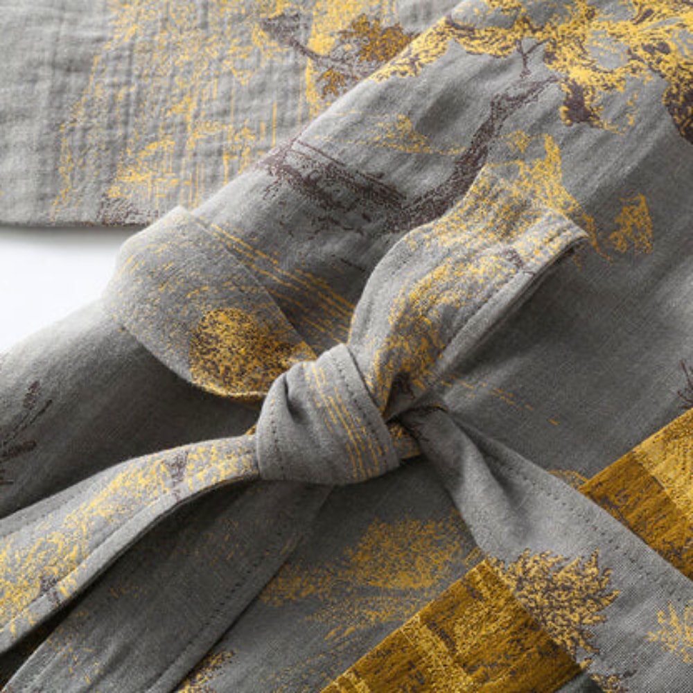 Cotton Kimono Bathrobe with Vintage Tree Jacquard and Contrast Trim