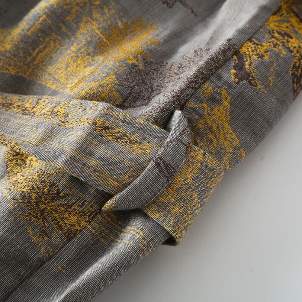 Cotton Kimono Bathrobe with Vintage Tree Jacquard and Contrast Trim