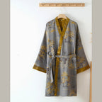 Cotton Kimono Bathrobe with Vintage Tree Jacquard and Contrast Trim