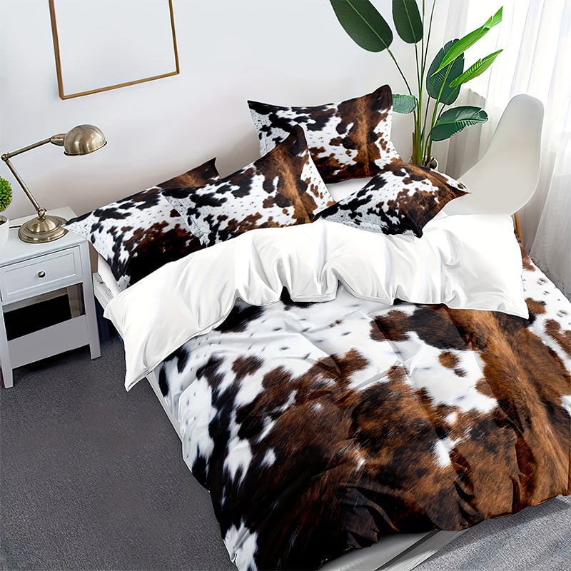 Cowhide Print Duvet Cover Set Soft Polyester Bedding with Pillowcases
